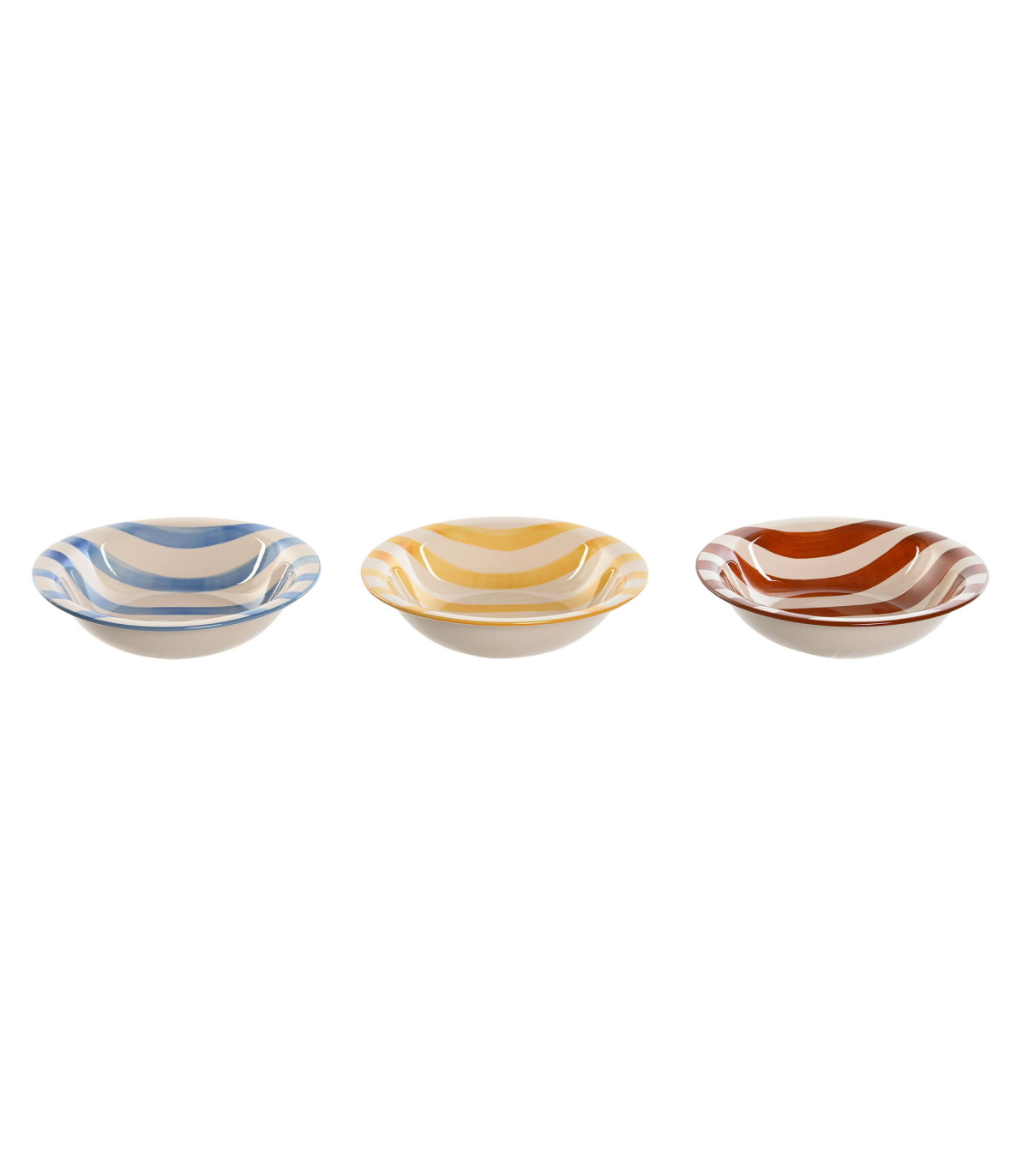 Wadiga Set De 3 Assiettes Creuses Faïence Rayures Bleues Jaunes Rouges 21.5x21.5x5.5cm
