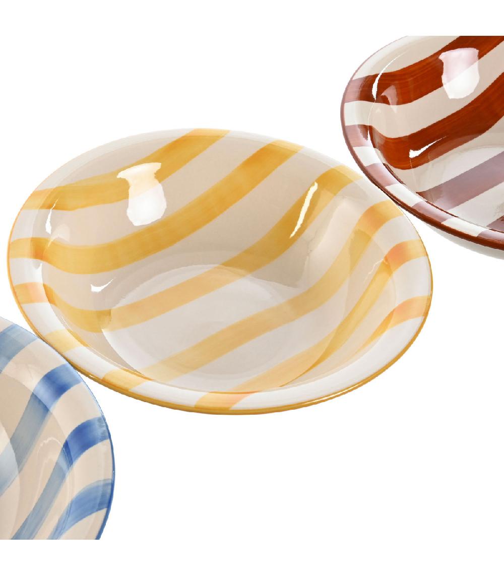 Wadiga Set De 3 Assiettes Creuses Faïence Rayures Bleues Jaunes Rouges 21.5x21.5x5.5cm