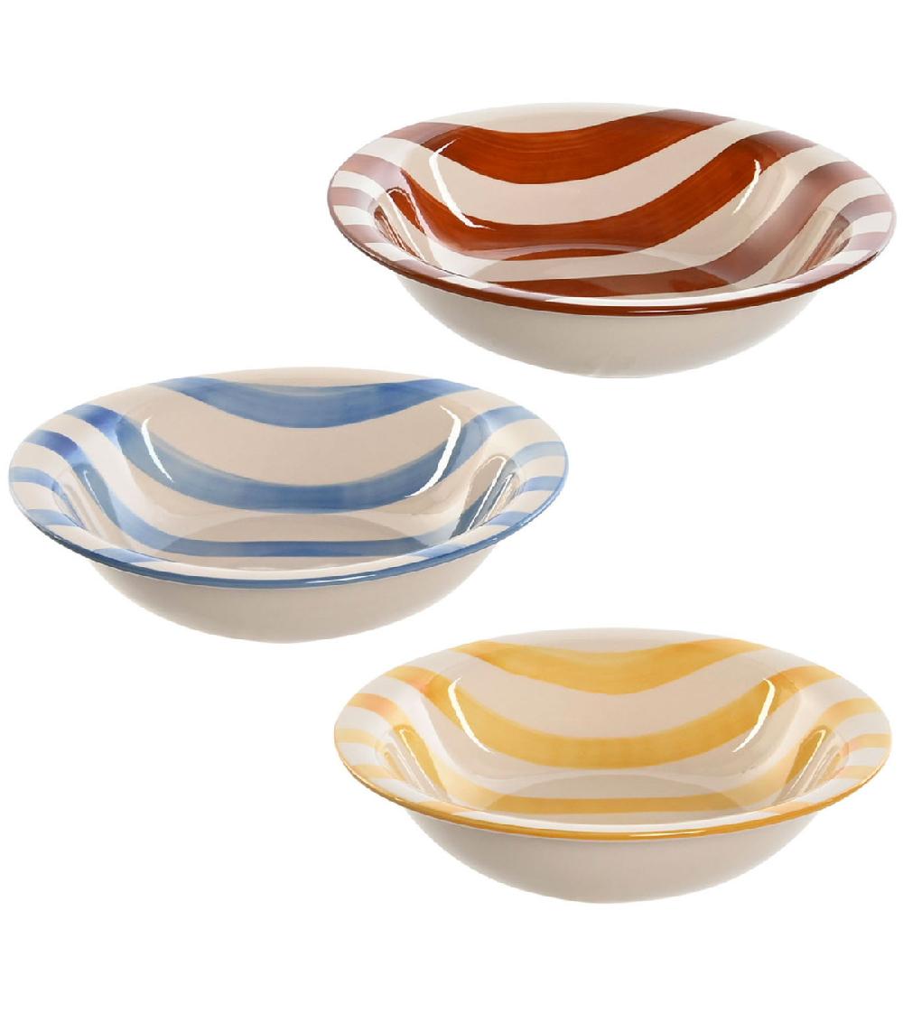 wadiga Set de 3 assiettes creuses faïence rayures bleues jaunes rouges 21.5x21.5x5.5cm