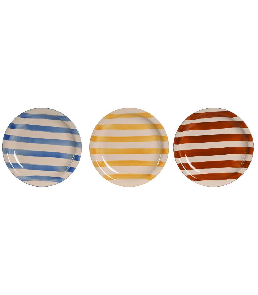 Wadiga Set De 3 Assiettes Faïence Rayures Bleues Jaunes Rouges 26x26x3cm