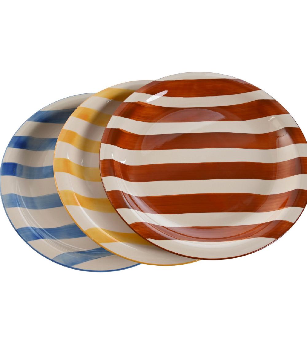 Wadiga Set De 3 Assiettes Faïence Rayures Bleues Jaunes Rouges 26x26x3cm