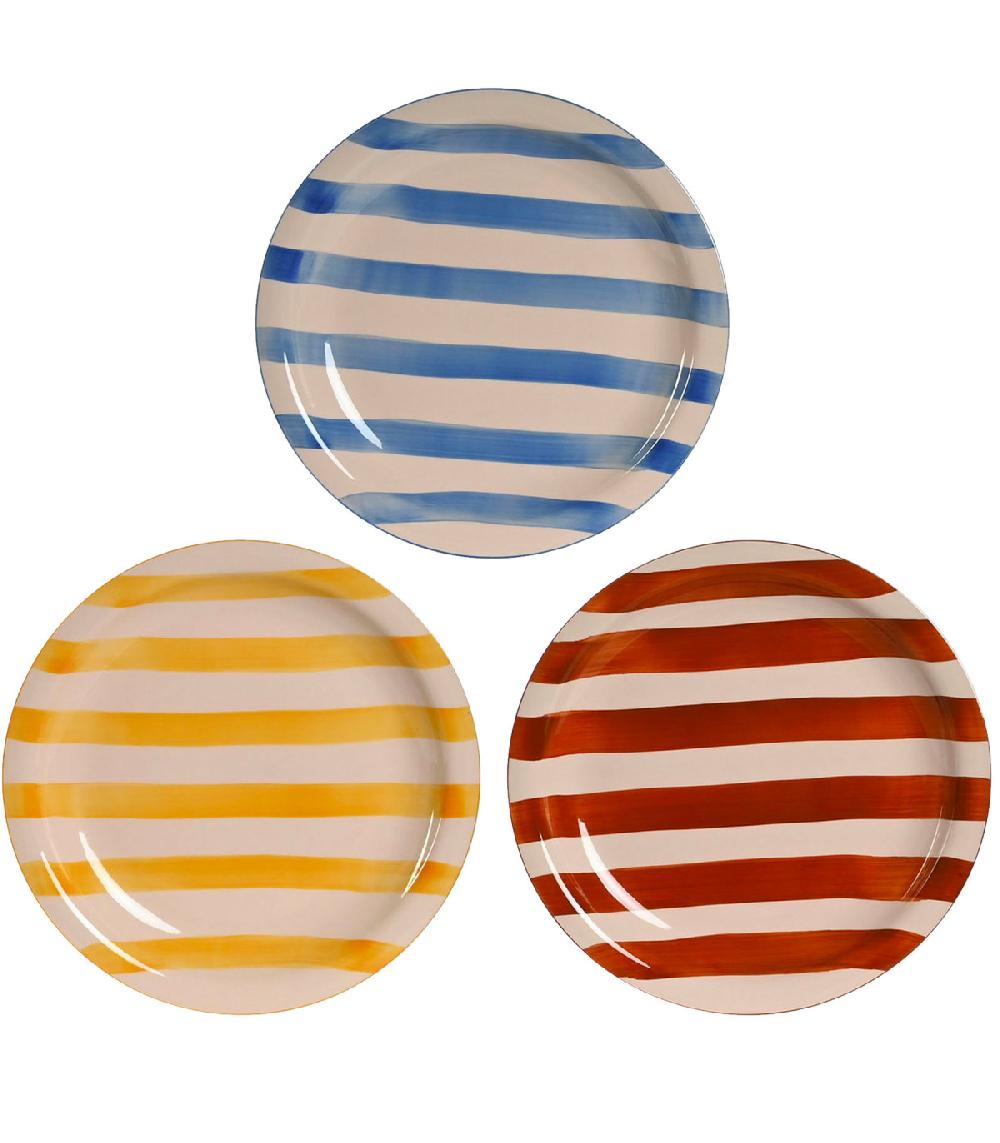 wadiga Set de 3 assiettes faïence rayures bleues jaunes rouges 26x26x3cm