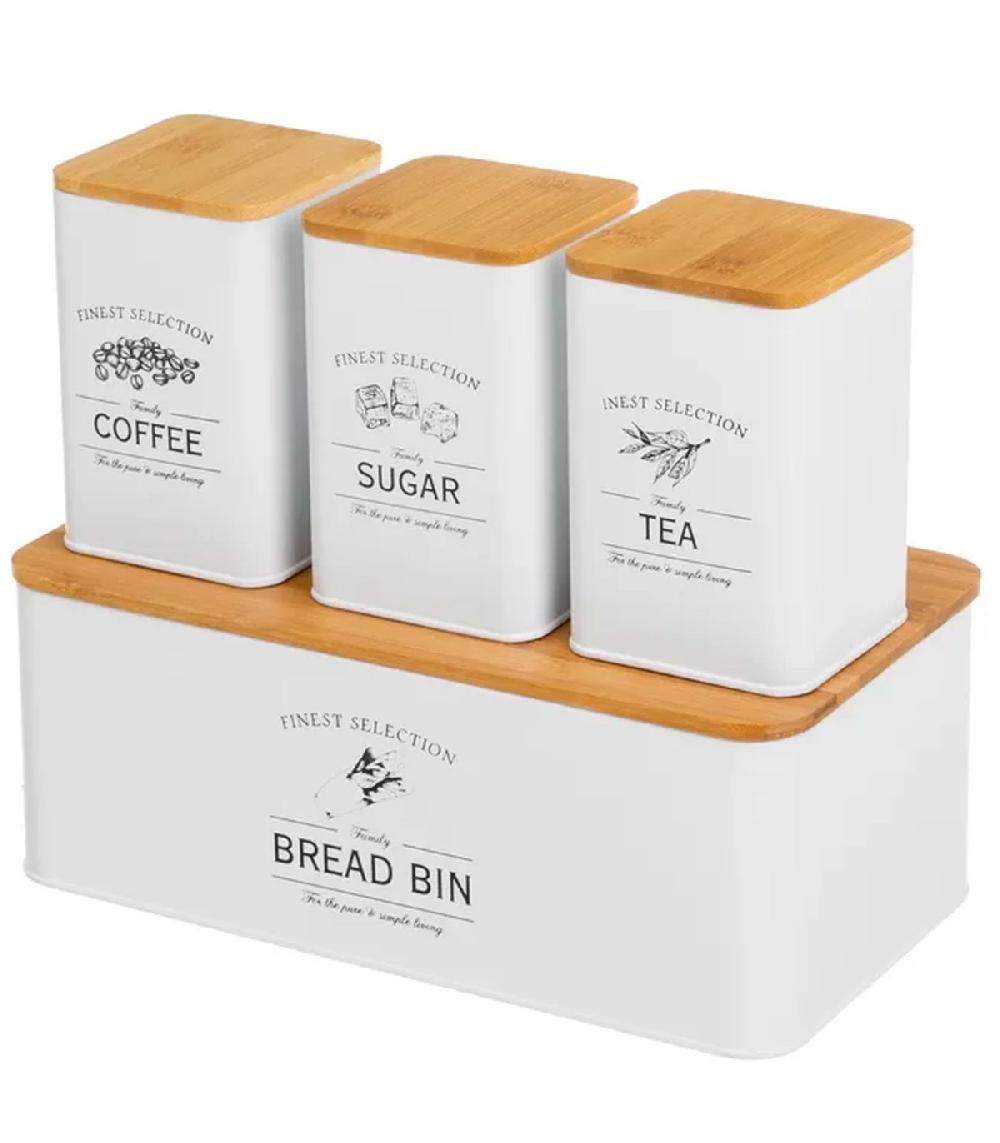 Wadiga Set De 3 Bocaux Cuisine + Boîte à Pain En Métal Et Bambou 33x18x13cm