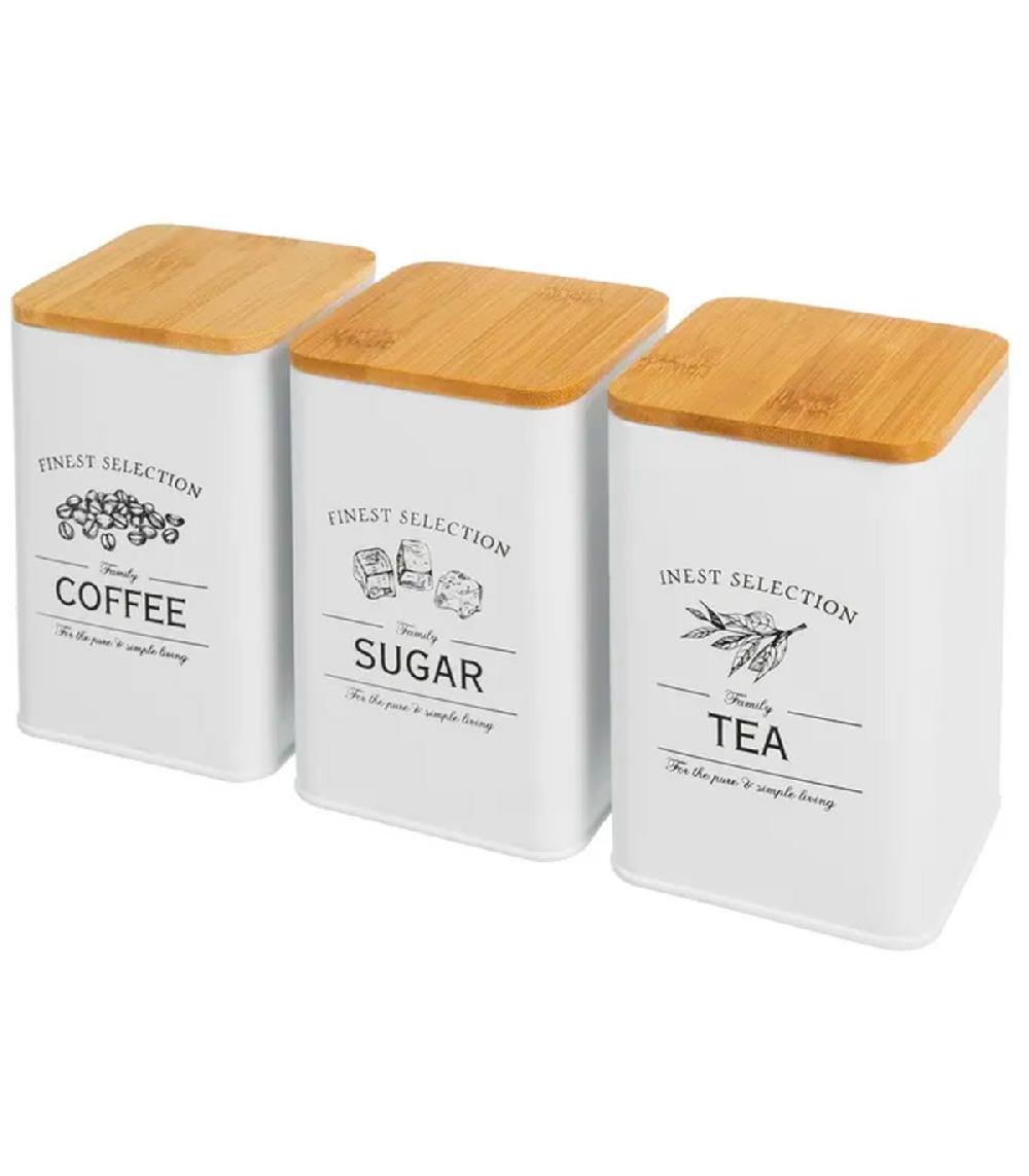 Wadiga Set De 3 Bocaux Cuisine + Boîte à Pain En Métal Et Bambou 33x18x13cm