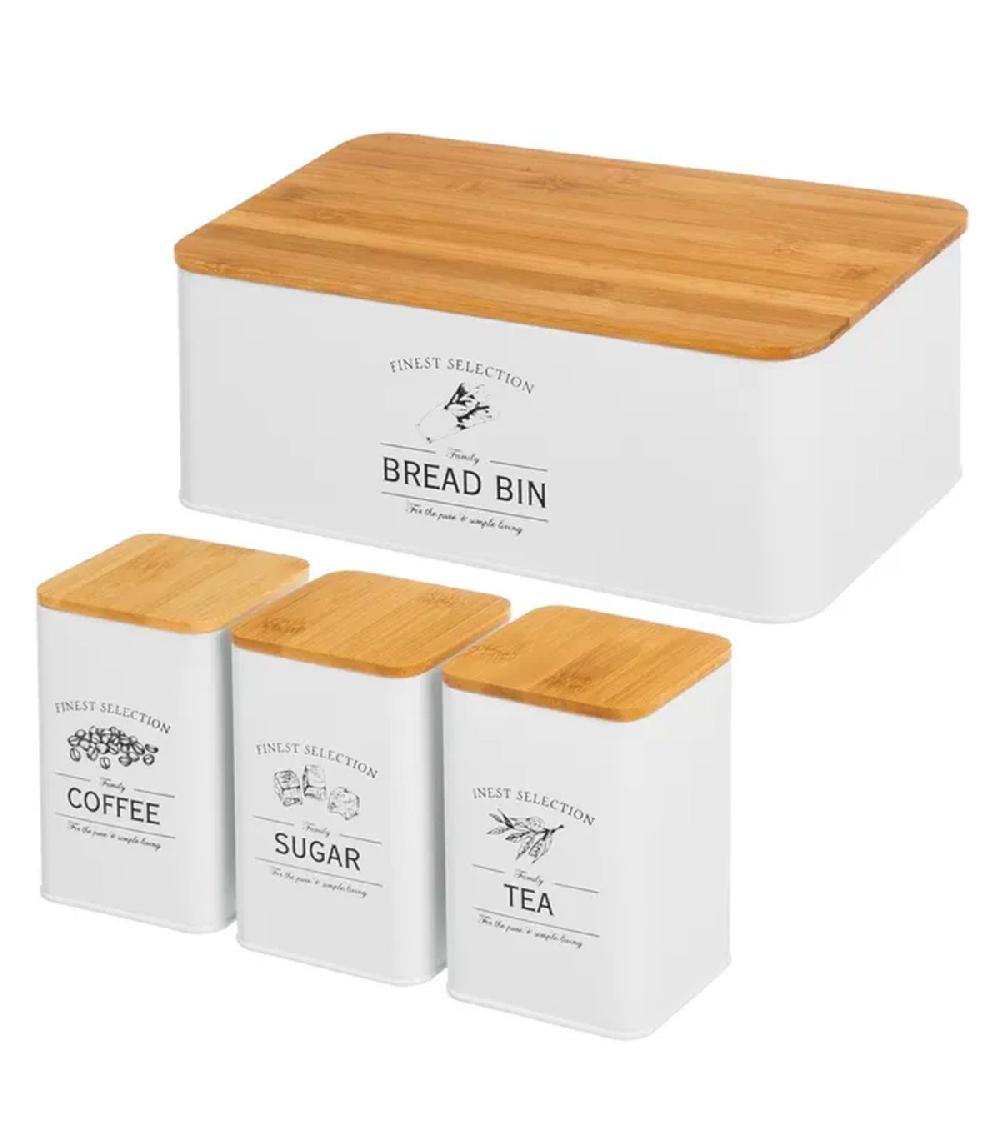 wadiga Set de 3 bocaux cuisine + boîte à pain en métal et bambou 33x18x13cm