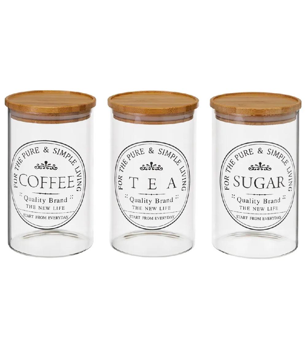 wadiga Set de 3 bocaux cuisine en verre avec bouchon bambou café thé sucre