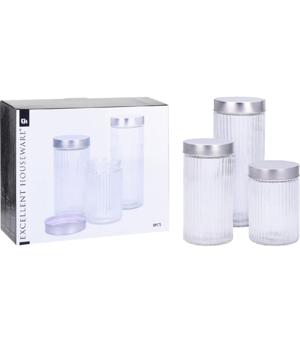 Wadiga Set De 3 Bocaux De Cuisine Hermétique Verre Strié Et Métal Chromé