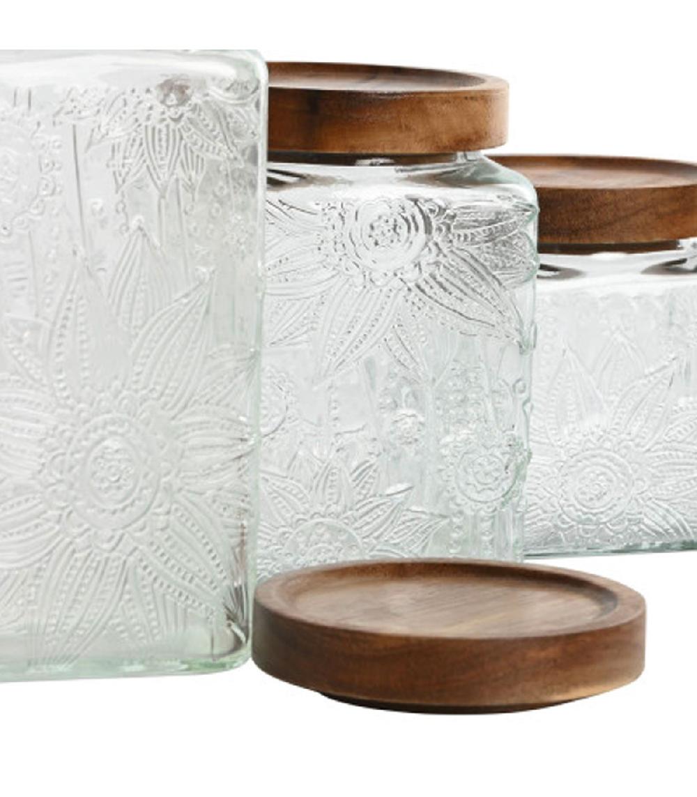 Wadiga Set De 3 Bocaux En Verre Et Bois D'acacia 9.5x9.5x17.5cm