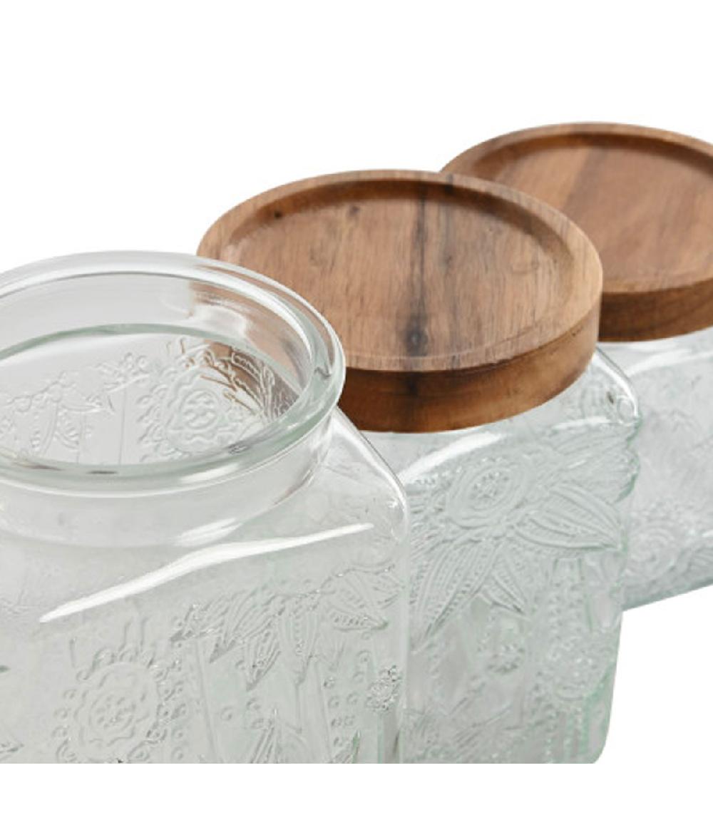 Wadiga Set De 3 Bocaux En Verre Et Bois D'acacia 9.5x9.5x17.5cm