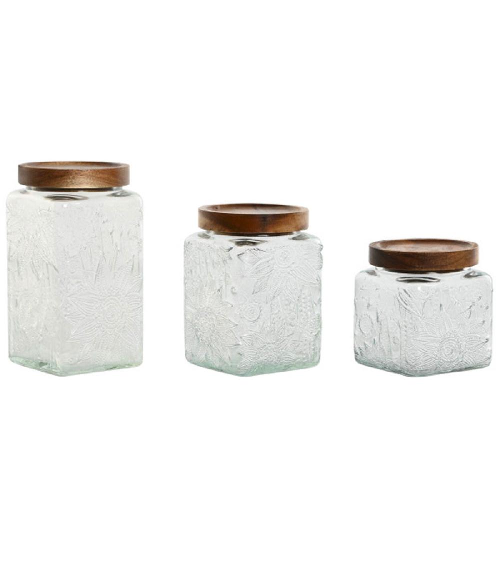 wadiga Set de 3 bocaux en verre et bois d'acacia 9.5x9.5x17.5cm