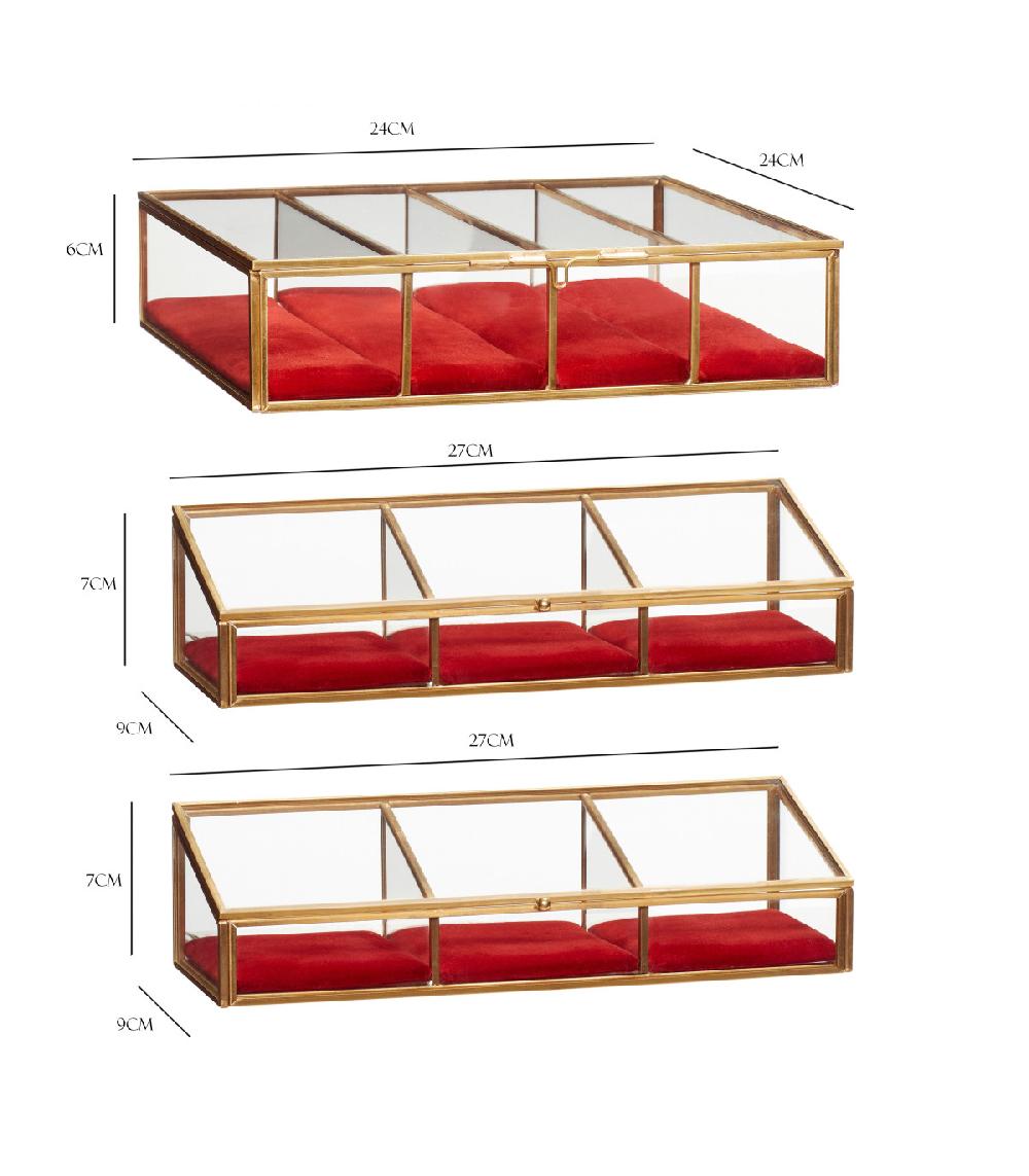 Wadiga Set De 3 Boîtes à Bijoux Laiton Verre Et Coussins En Velours Rouge