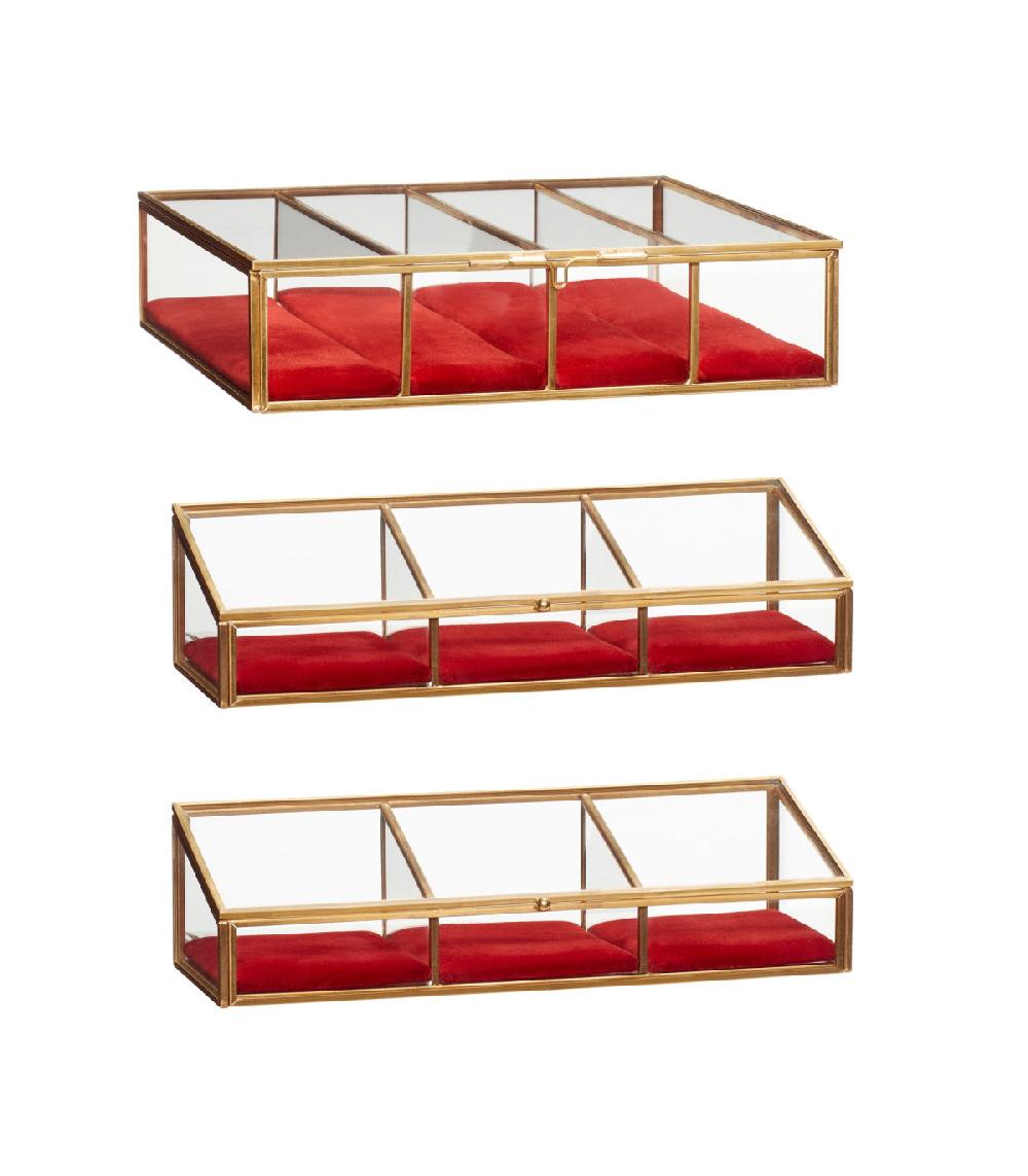 wadiga Set de 3 Boîtes à Bijoux Laiton Verre et Coussins en Velours Rouge