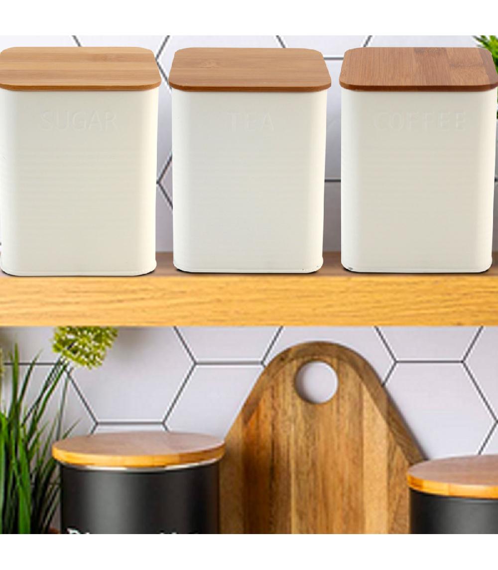 Wadiga Set De 3 Boîtes Carrées De Cuisine En Métal Blanc Et Bambou Café Thé Sucre