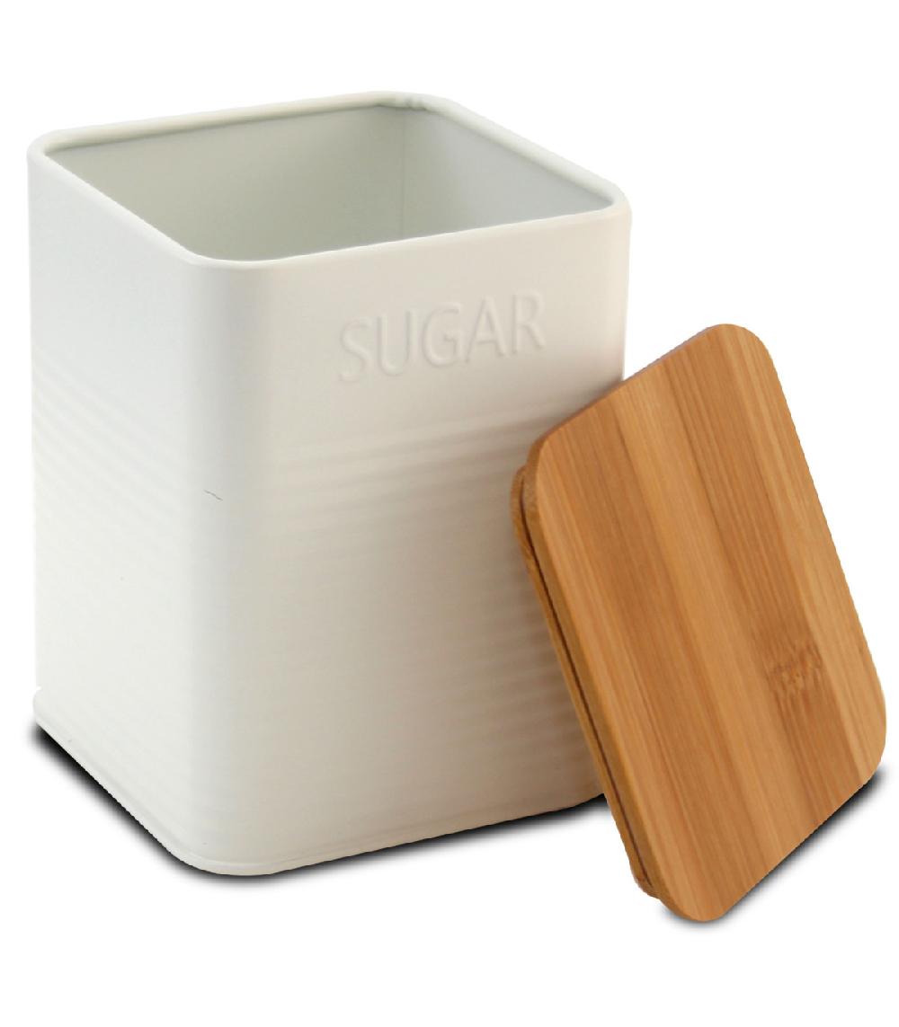 Wadiga Set De 3 Boîtes Carrées De Cuisine En Métal Blanc Et Bambou Café Thé Sucre