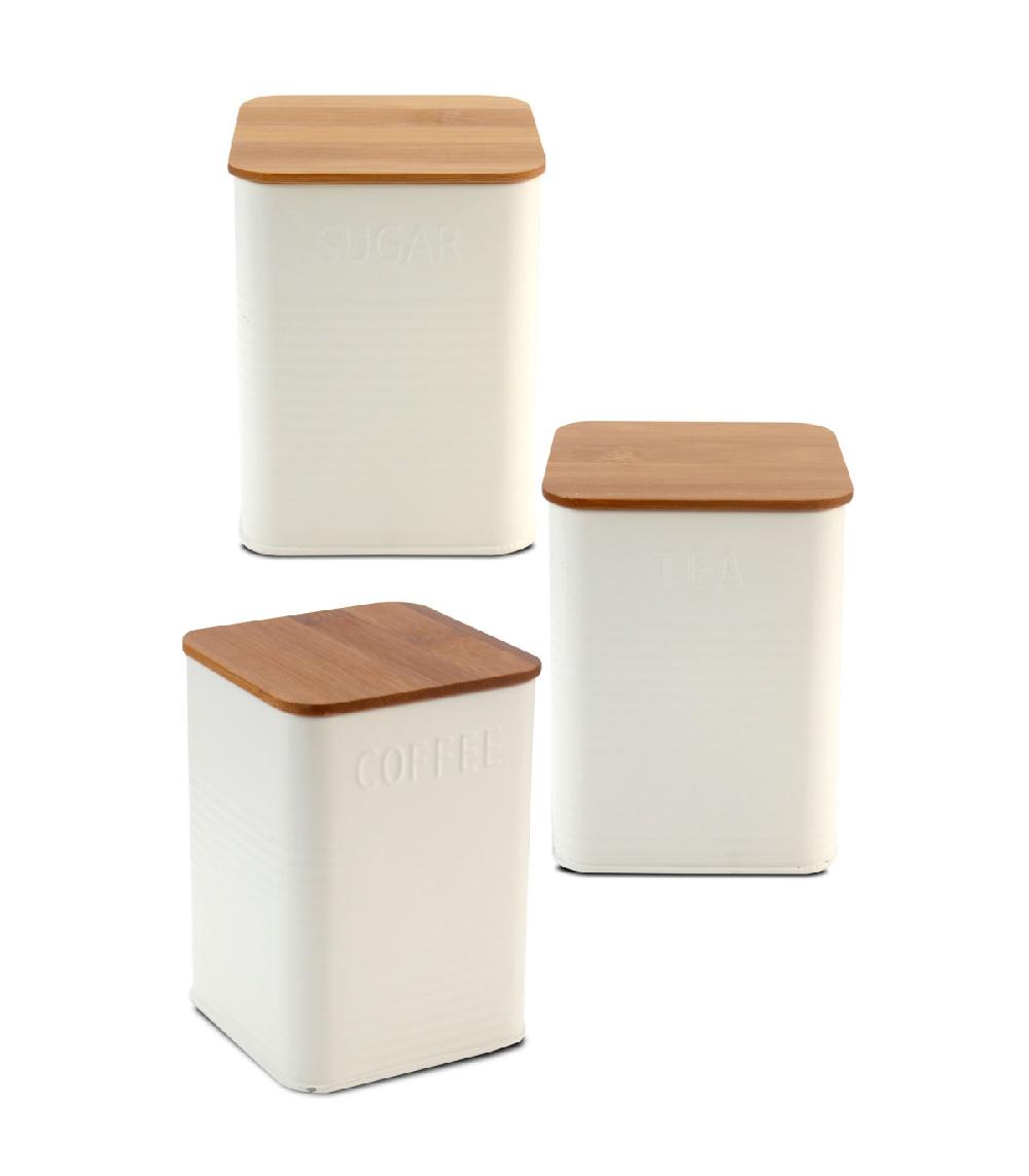 wadiga Set de 3 boîtes carrées de cuisine en métal blanc et bambou café thé sucre
