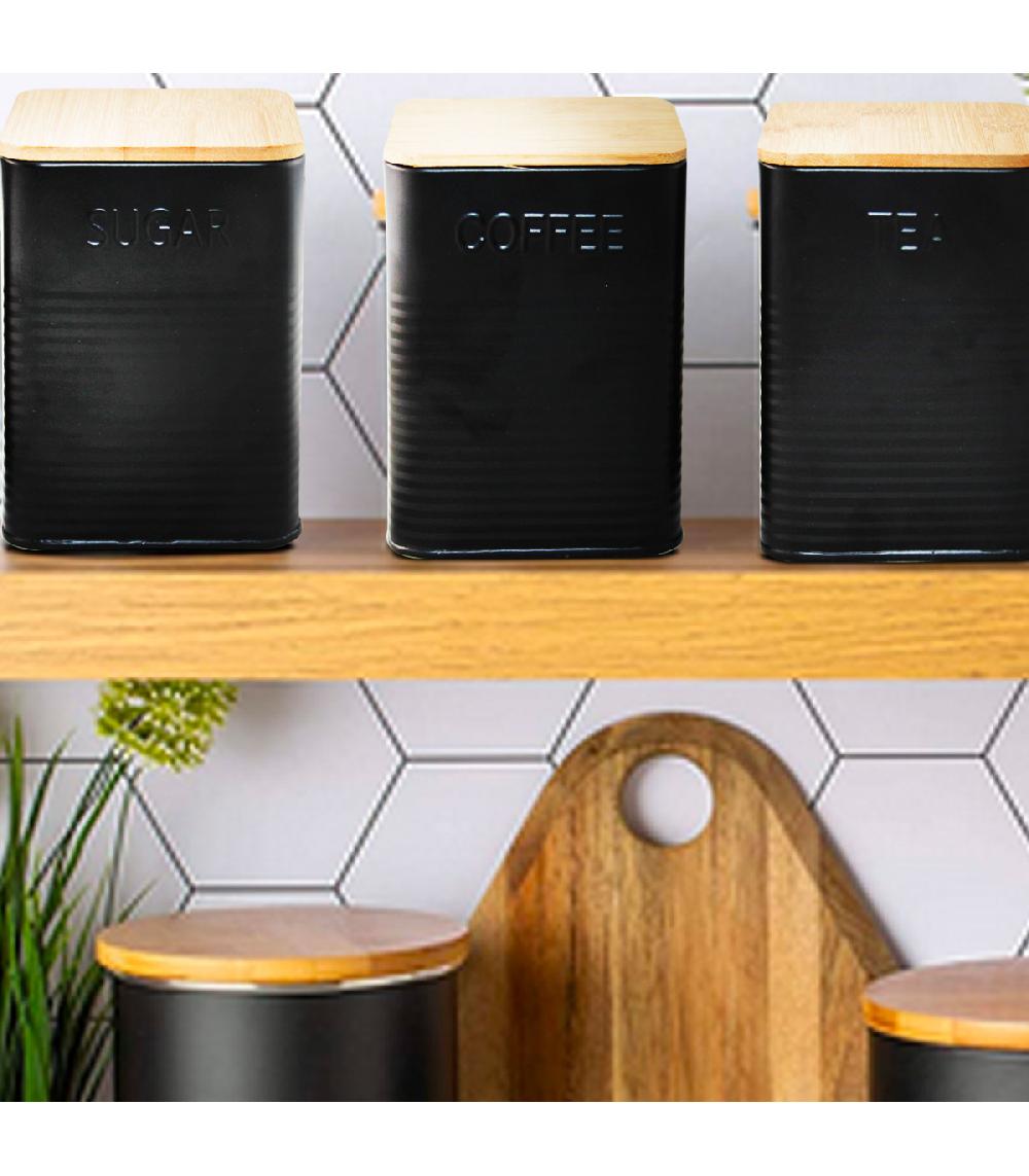 Wadiga Set De 3 Boîtes Carrées De Cuisine En Métal Noir Et Bambou Café Thé Sucre