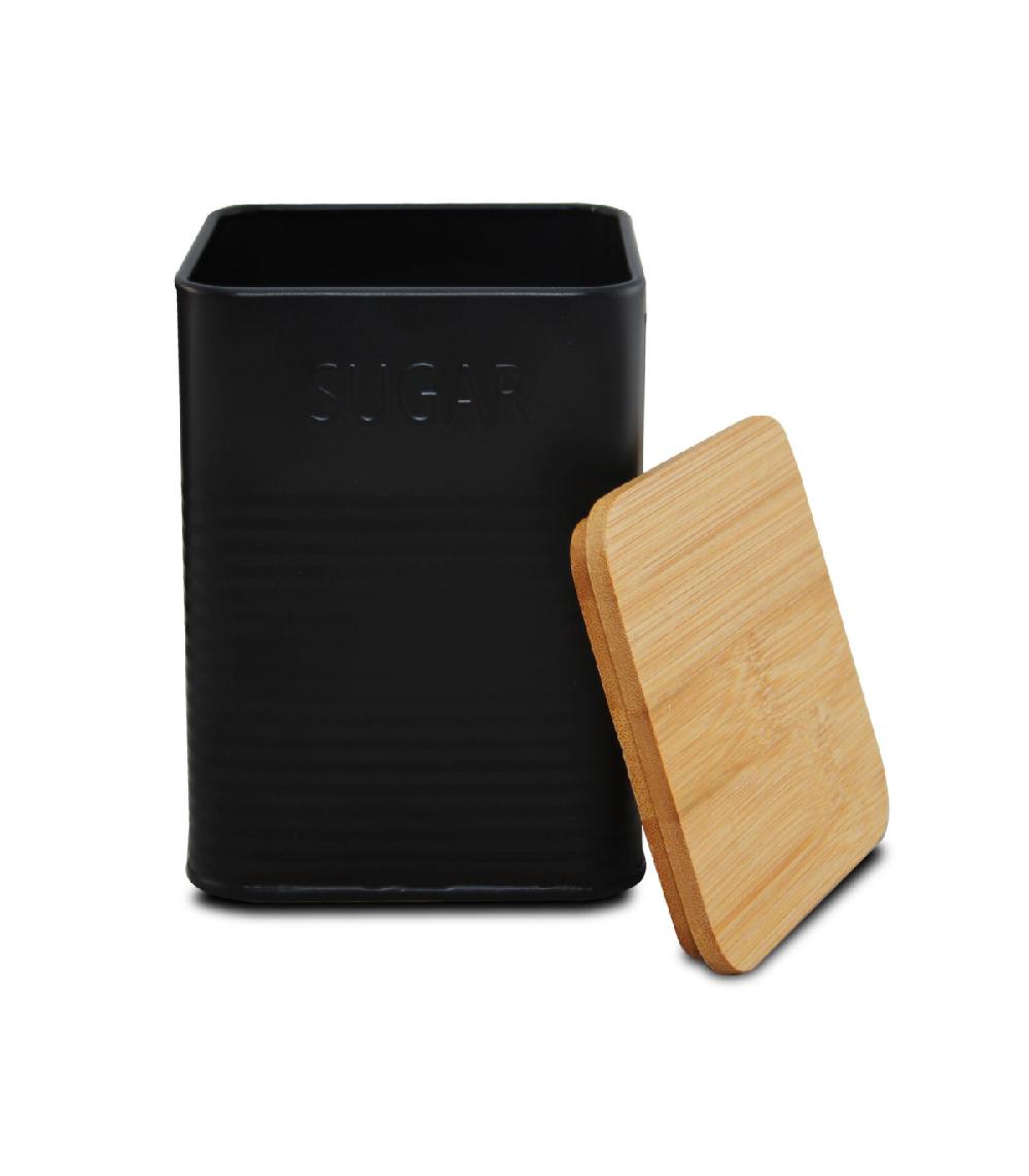 Wadiga Set De 3 Boîtes Carrées De Cuisine En Métal Noir Et Bambou Café Thé Sucre