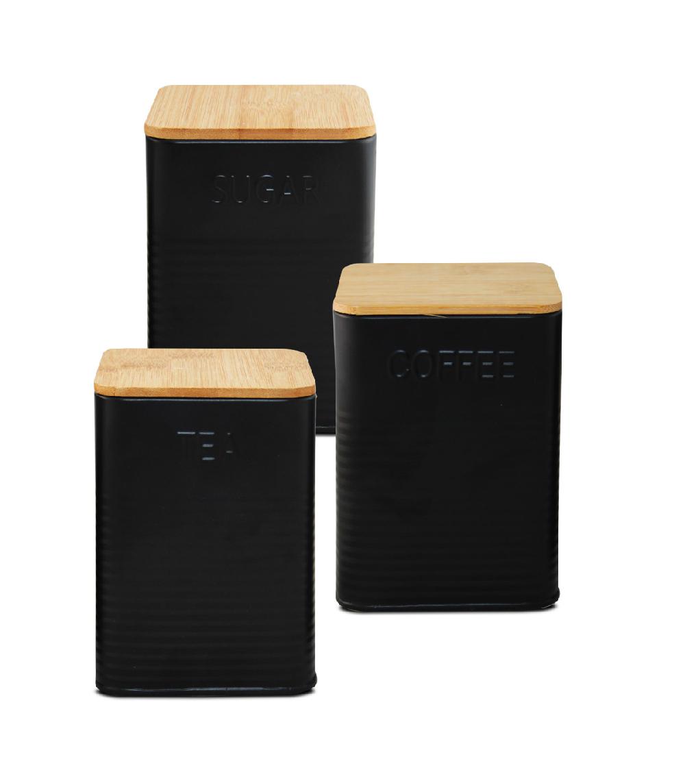 wadiga Set de 3 boîtes carrées de cuisine en métal noir et bambou café thé sucre