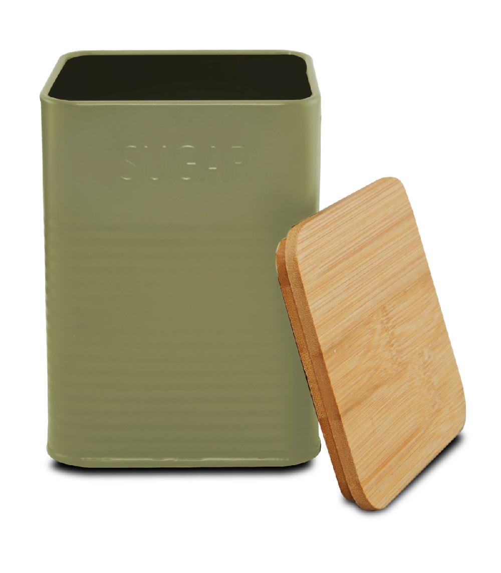 Wadiga Set De 3 Boîtes Carrées De Cuisine En Métal Vert Et Bambou Café Thé Sucre