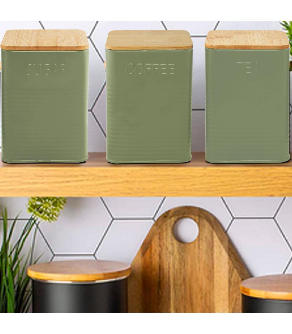 Wadiga Set De 3 Boîtes Carrées De Cuisine En Métal Vert Et Bambou Café Thé Sucre