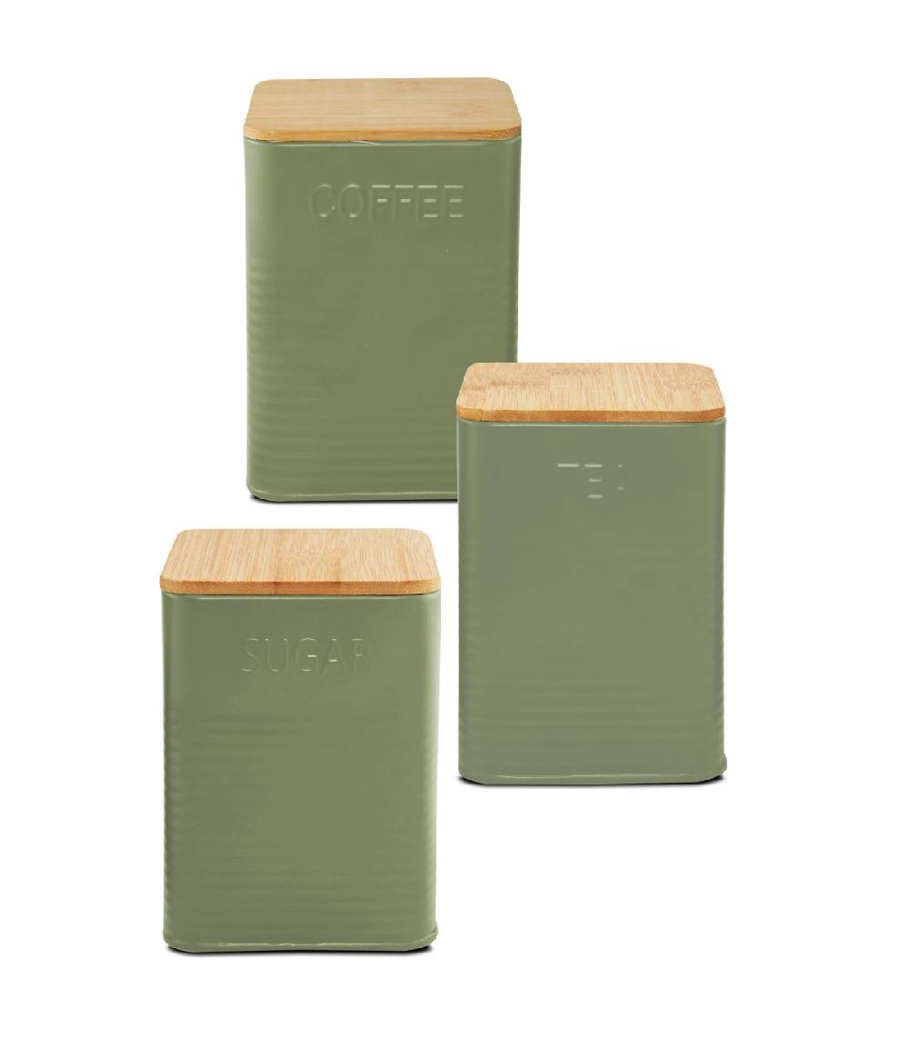 wadiga Set de 3 boîtes carrées de cuisine en métal vert et bambou café thé sucre