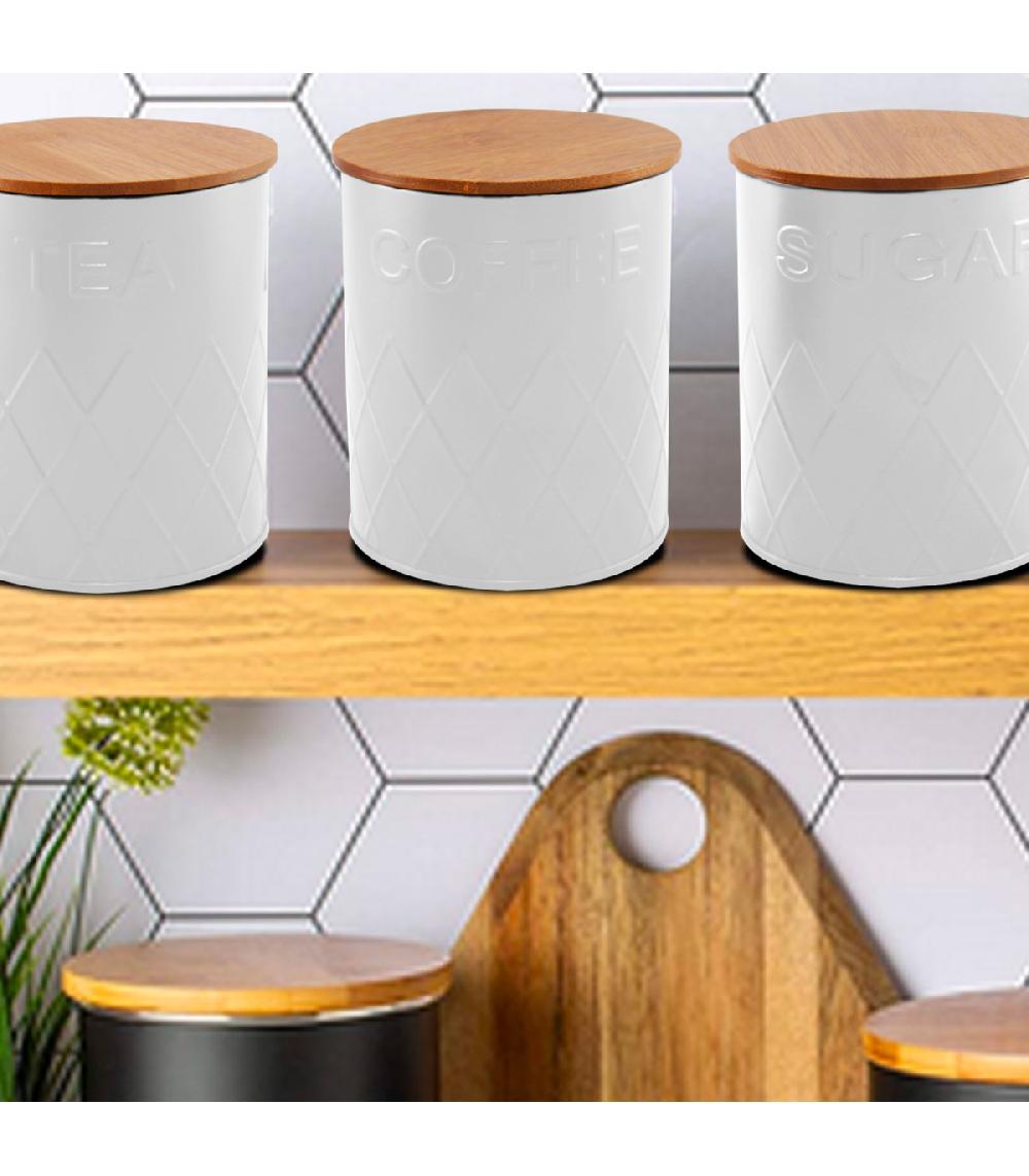 Wadiga Set De 3 Boîtes De Cuisine En Métal Blanc Et Bambou Café Thé Sucre