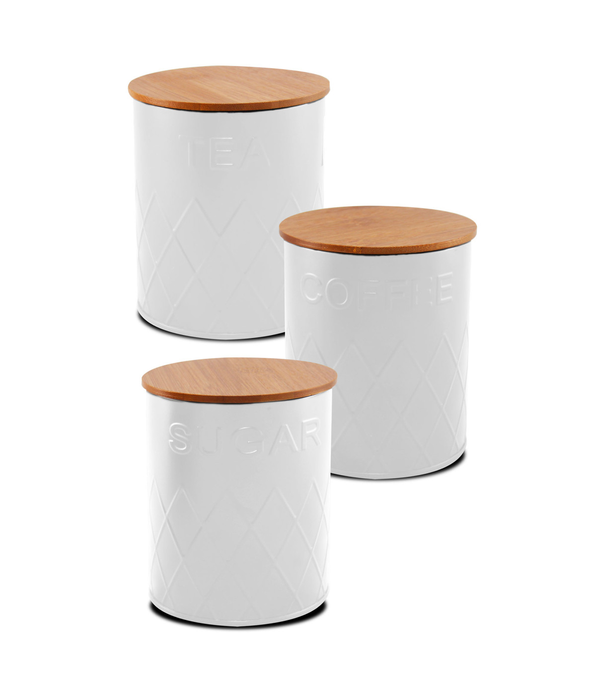 wadiga Set de 3 boîtes de cuisine en métal blanc et bambou café thé sucre