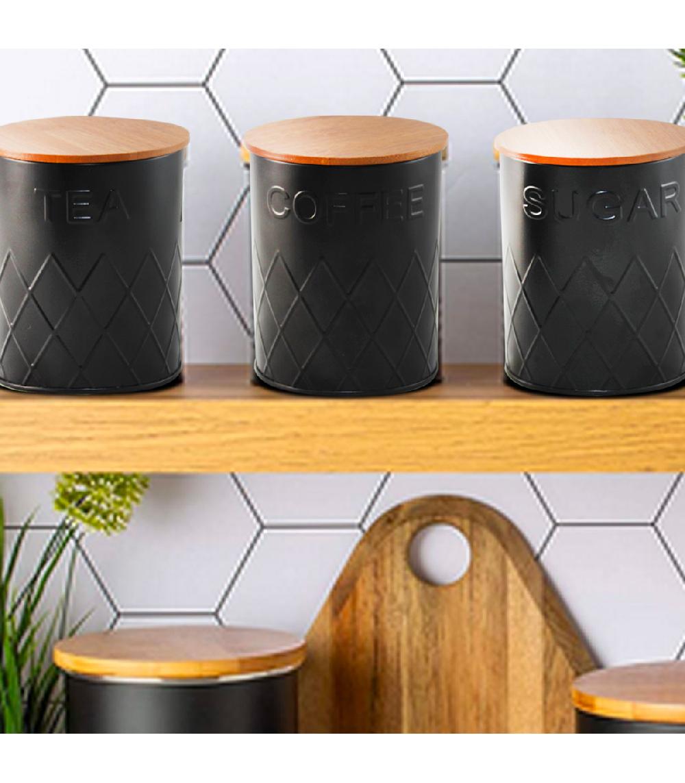 Wadiga Set De 3 Boîtes De Cuisine En Métal Noir Et Bambou Café Thé Sucre