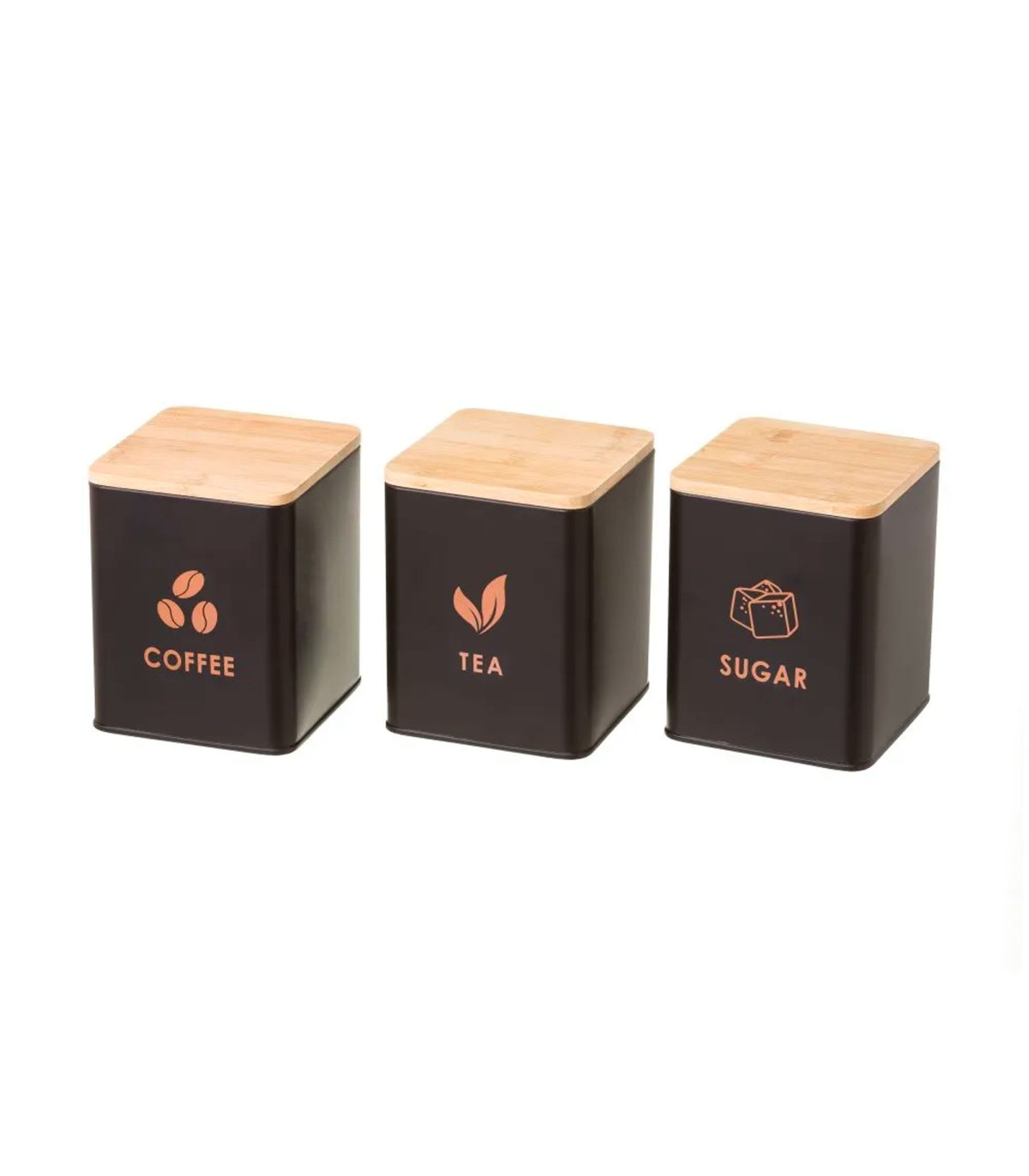 wadiga Set de 3 boîtes de cuisine en métal noir et bambou Coffee Tea Sugar