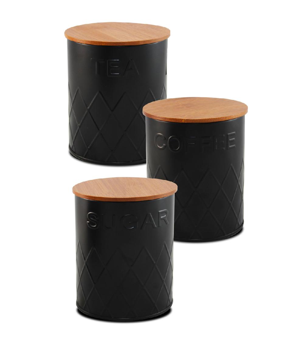 wadiga Set de 3 boîtes de cuisine en métal noir et bambou café thé sucre