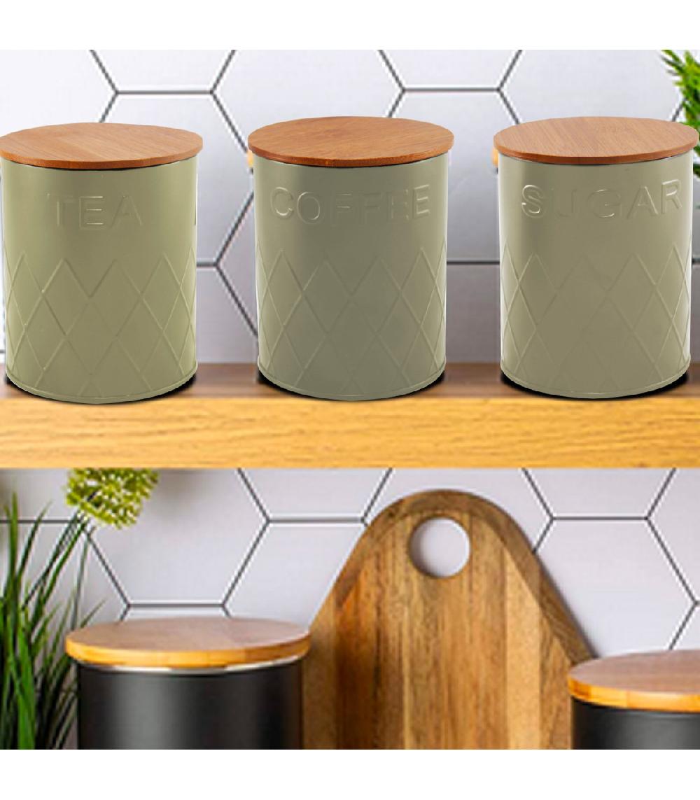 Wadiga Set De 3 Boîtes De Cuisine En Métal Vert Et Bambou Café Thé Sucre