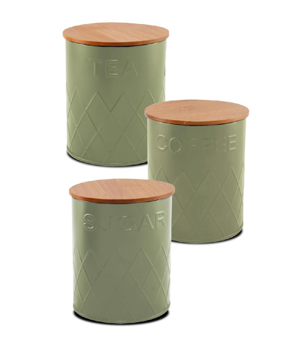 wadiga Set de 3 boîtes de cuisine en métal vert et bambou café thé sucre