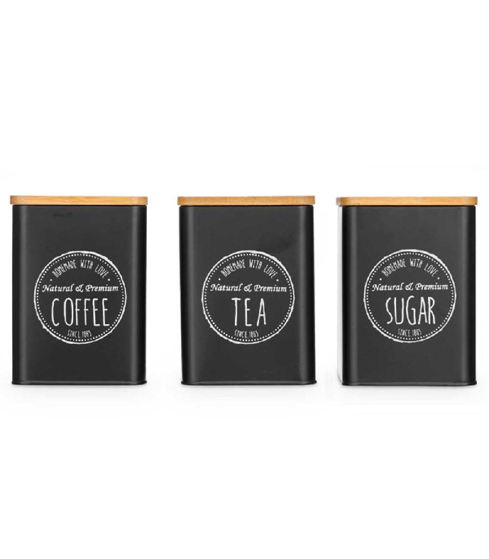 wadiga Set de 3 boîtes en métal noir café sucre thé 10x10x13.5cm