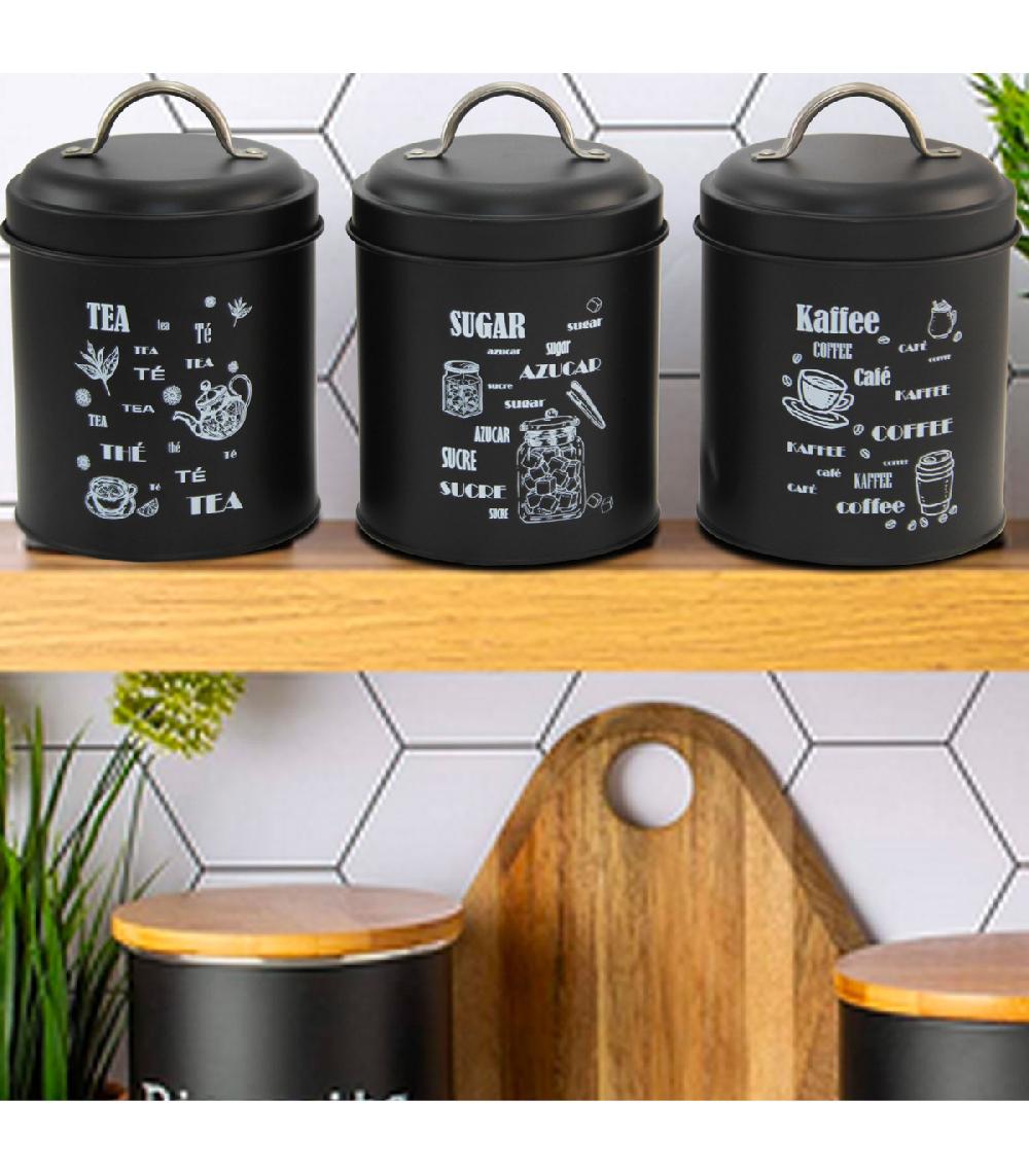 Wadiga Set De 3 Boîtes En Métal Noir Café Sucre Thé 11x11x16cm