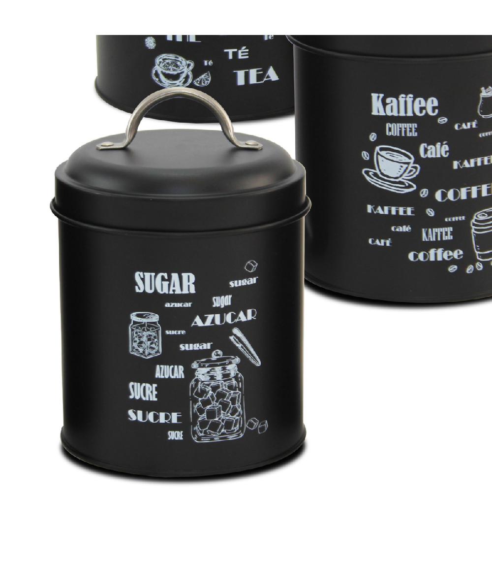 Wadiga Set De 3 Boîtes En Métal Noir Café Sucre Thé 11x11x16cm