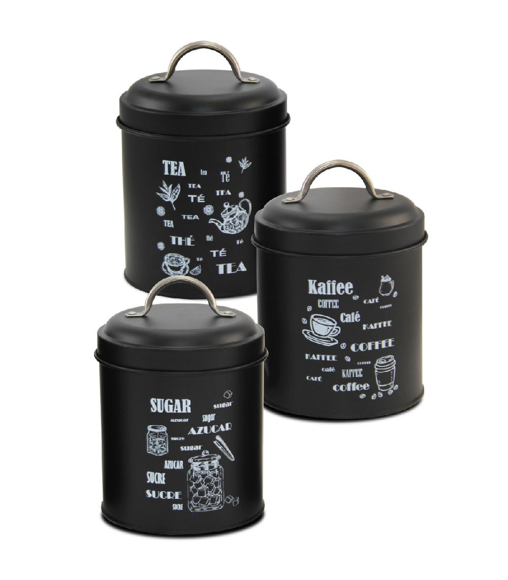 wadiga Set de 3 boîtes en métal noir café sucre thé 11x11x16cm
