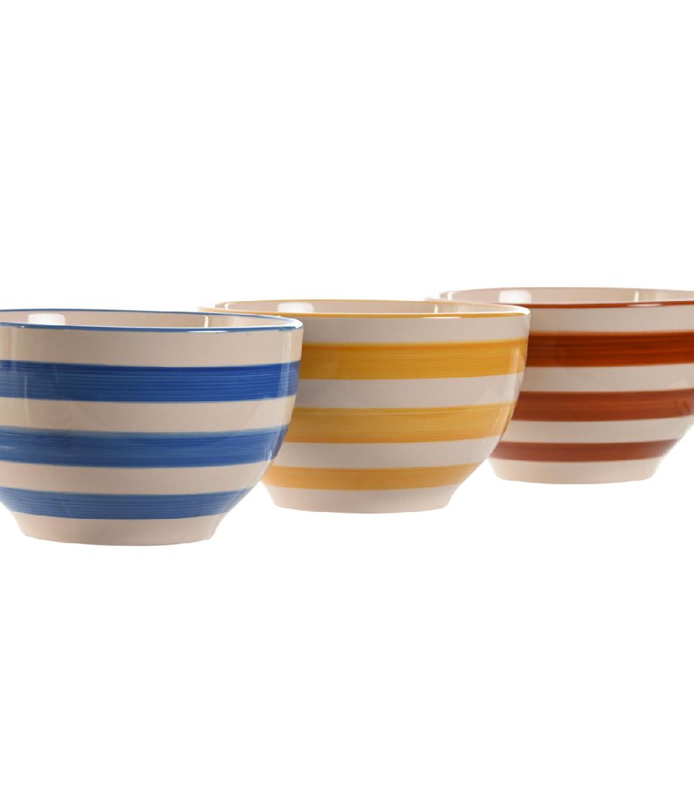 Wadiga Set De 3 Bols Faïence Rayures Bleues Jaunes Rouges 14x14x8cm