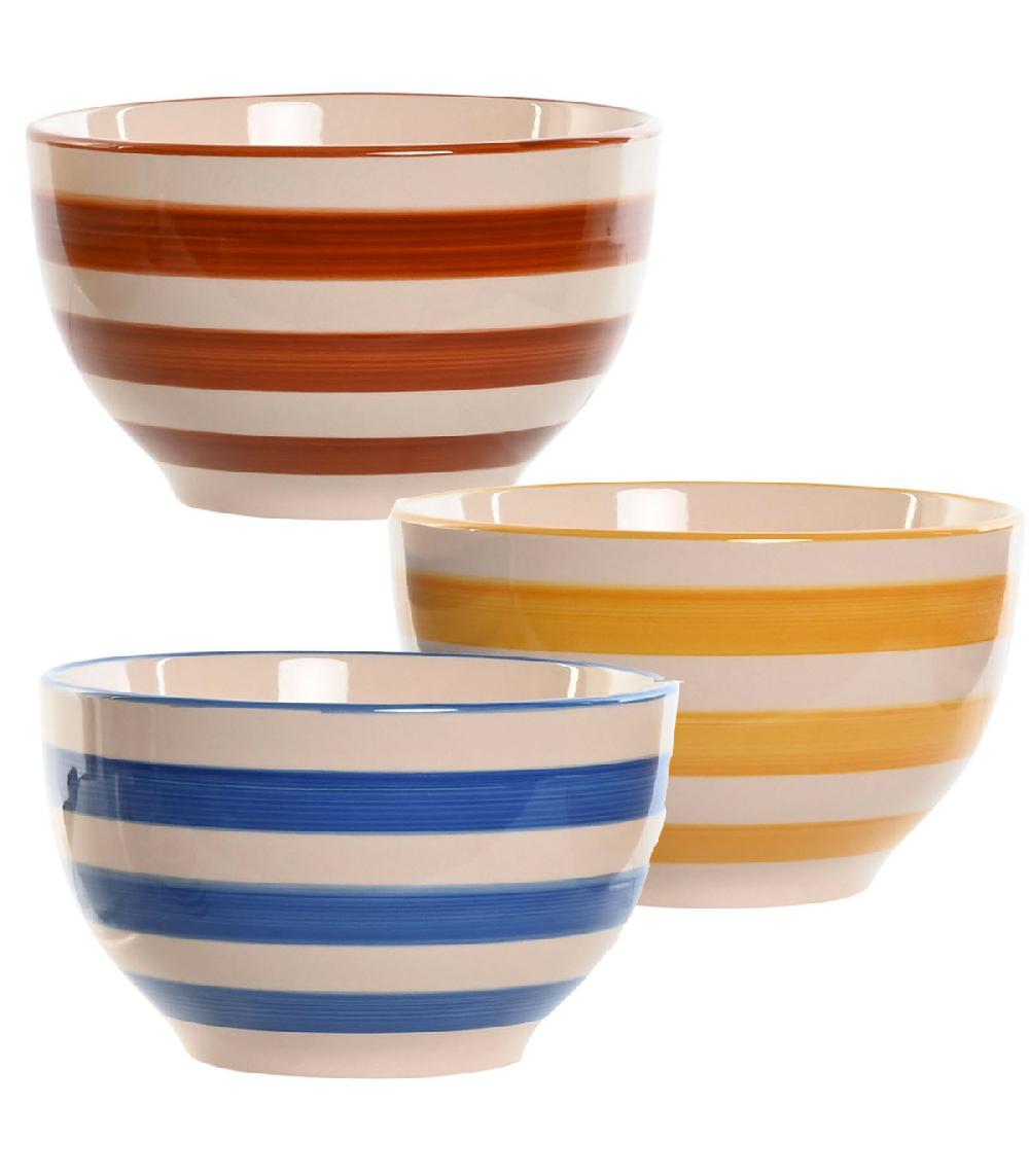 wadiga Set de 3 bols faïence rayures bleues jaunes rouges 14x14x8cm