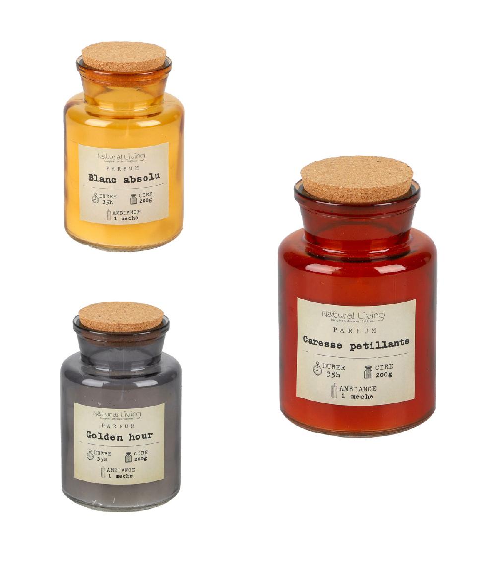 wadiga Set de 3 bougies parfumées pots en verre et liège 7x7x12cm