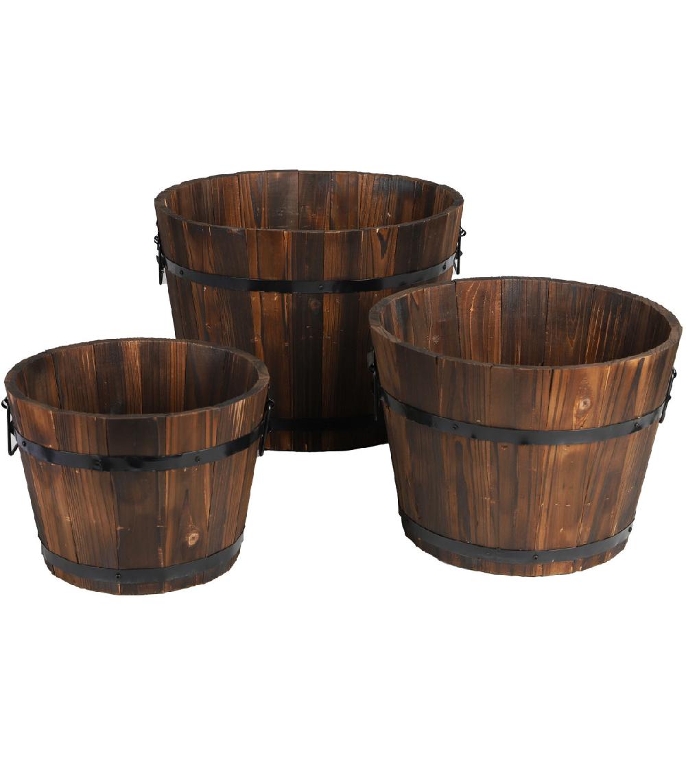 wadiga Set de 3 cache-pots en bois et cerclage métal noir tonneaux