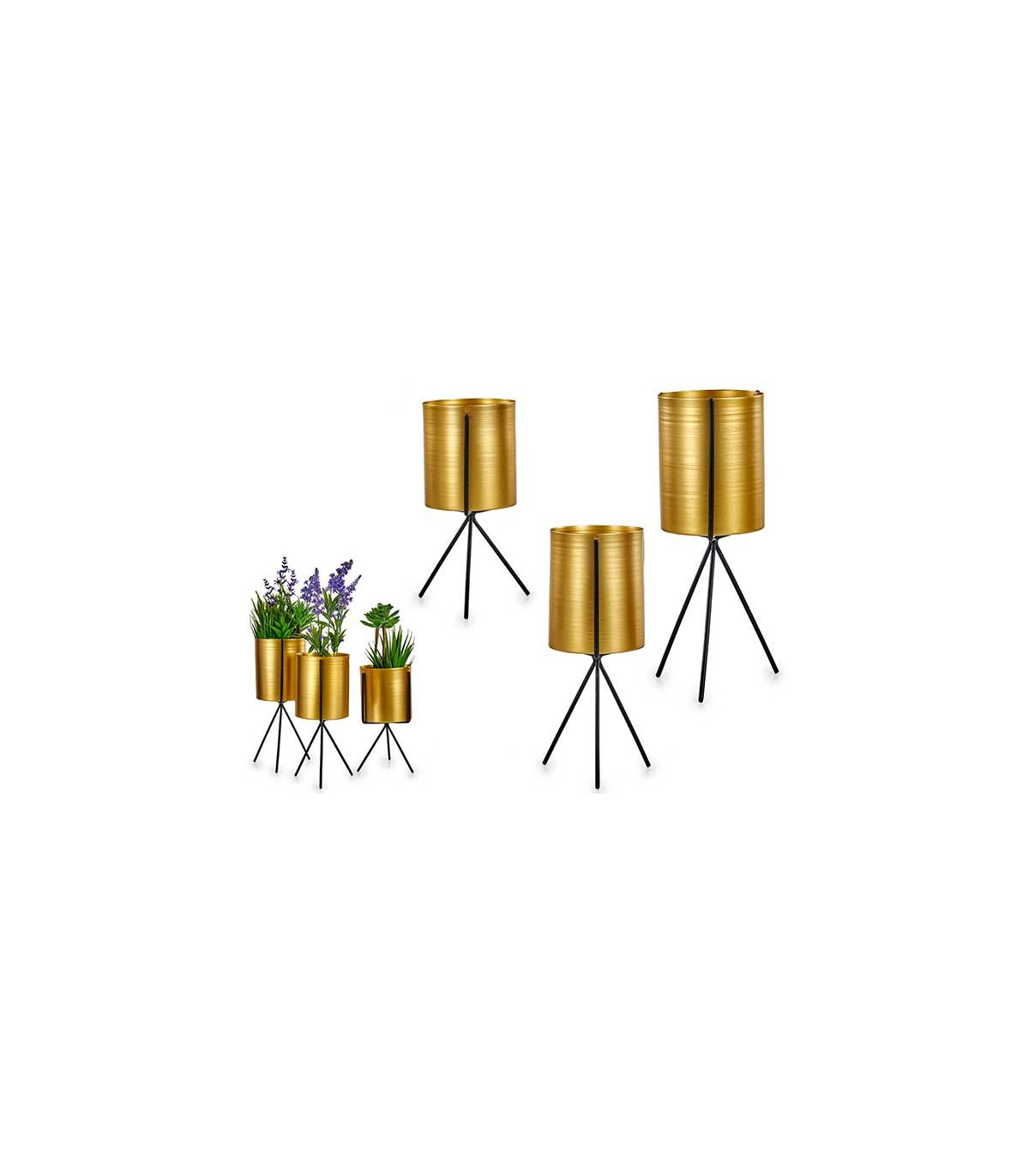 Wadiga Set De 3 Cache-Pots Sur Pied Ronds En Métal Noir Et Doré