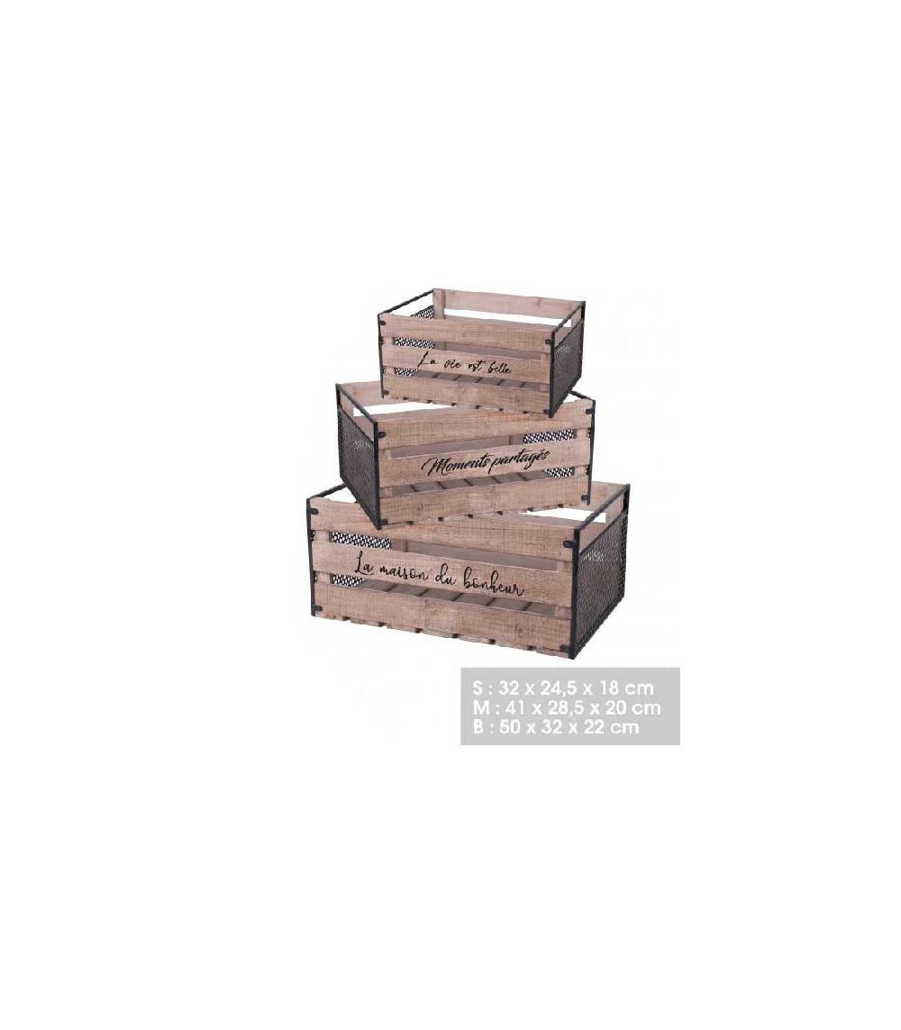Wadiga Set De 3 Caisses En Bois Et Métal Avec Messages