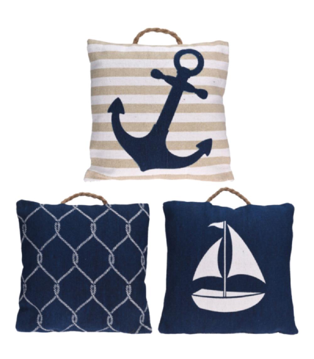 wadiga Set de 3 coussins en coton bleu blanc et beige - 45x45cm
