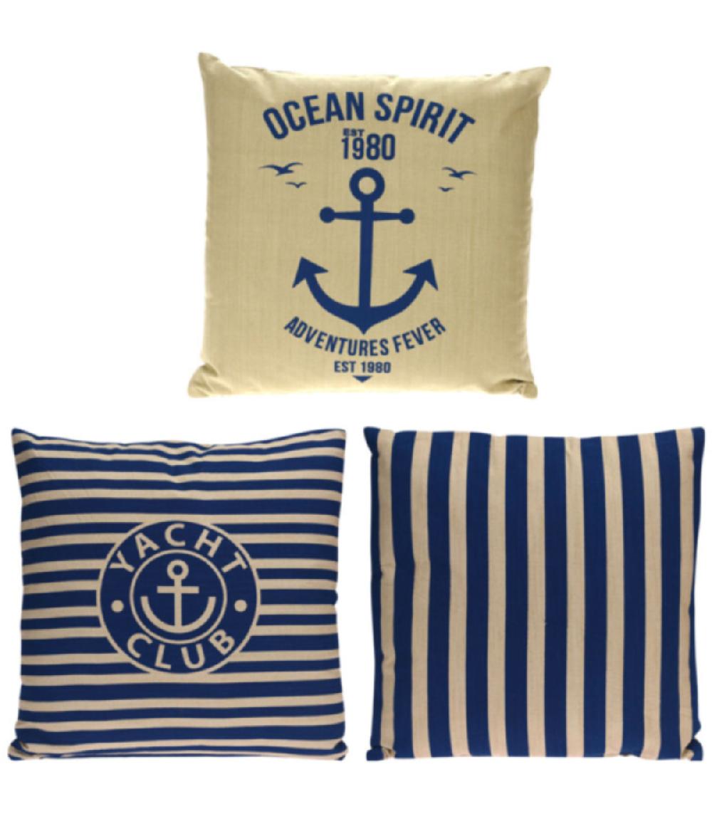 wadiga Set de 3 coussins en coton bleu et beige - 45x45cm