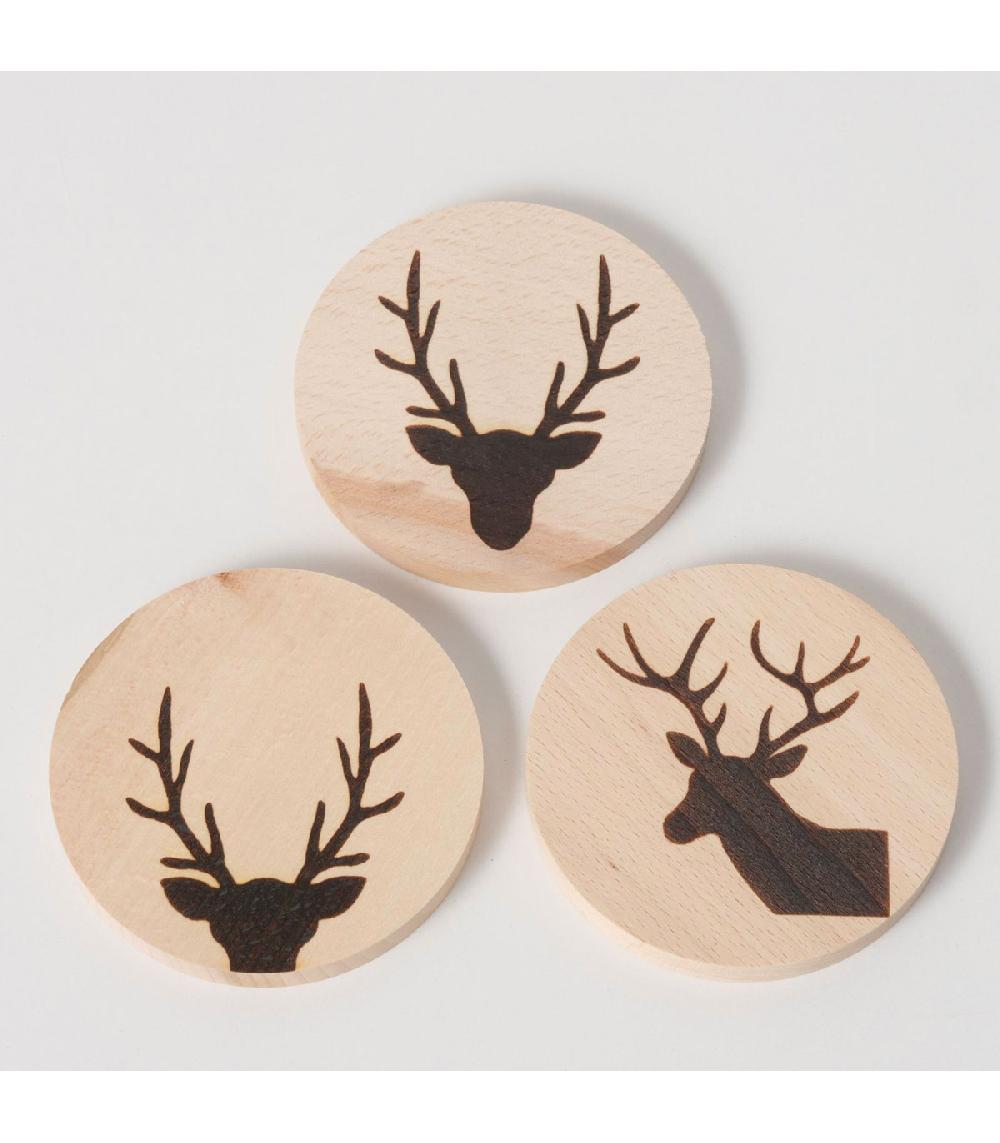 Wadiga Set De 3 Dessous De Verres Ronds En Hêtre Motifs Cerfs 10x10x1cm