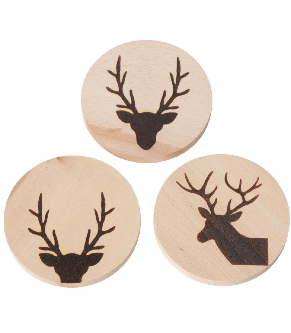 wadiga Set de 3 dessous de verres ronds en hêtre motifs cerfs 10x10x1cm
