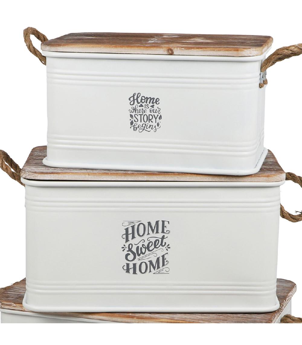 Wadiga Set De 3 Malles En Métal Blanc Et Bois 60x38x33cm