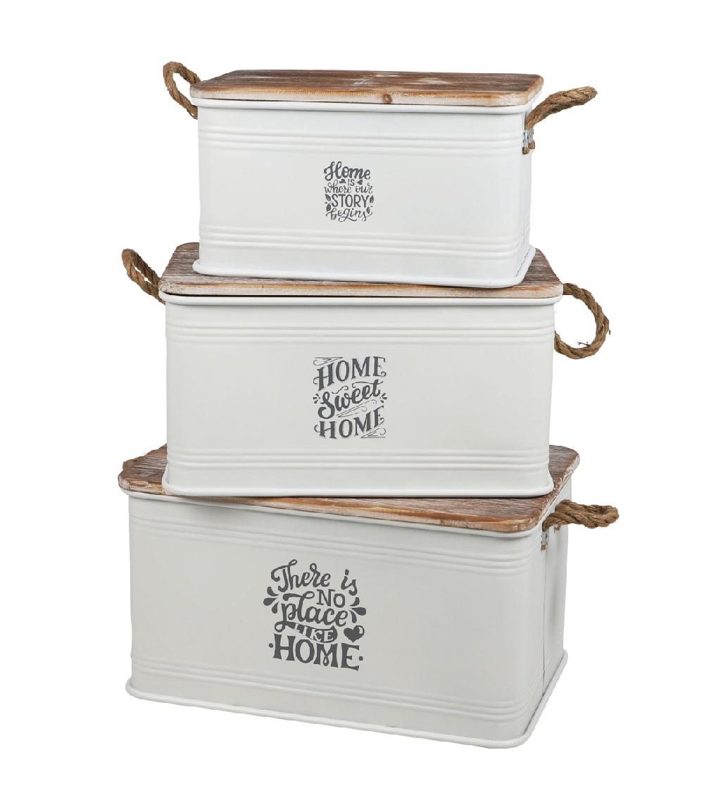 wadiga Set de 3 malles en métal blanc et bois 60x38x33cm