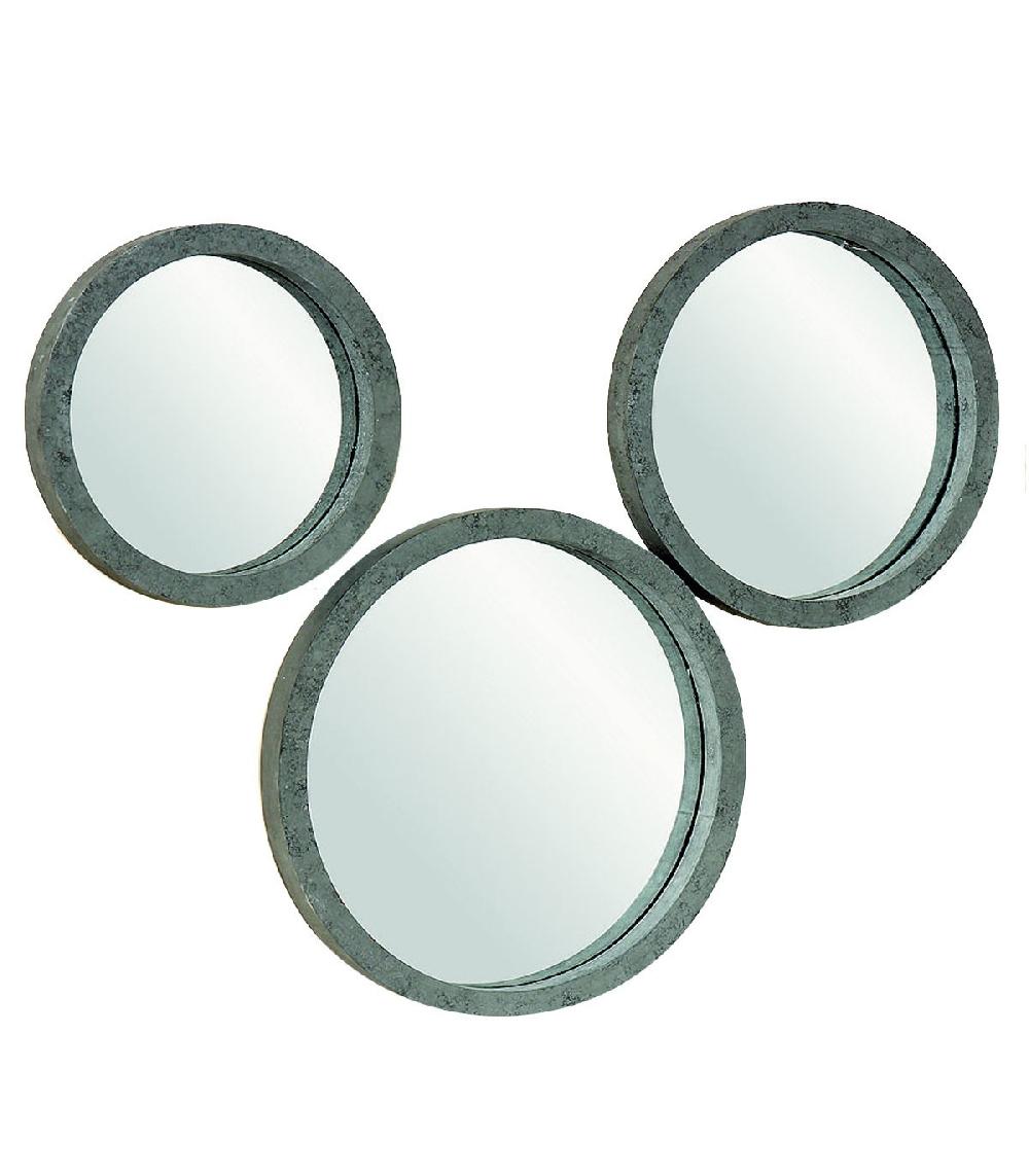 wadiga Set de 3 Miroirs Décoratifs Ronds en Bois Gris