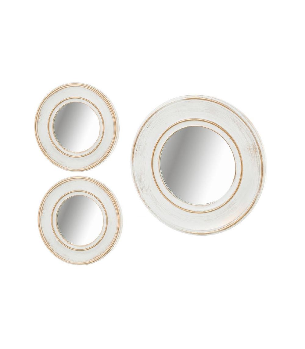 wadiga Set de 3 Miroirs Ronds avec Moulures en Polypropylène Blanc et Doré
